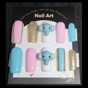 Cute Elephant Handmade Hard Gel Press on Nail Set with Pink and Blue Accents